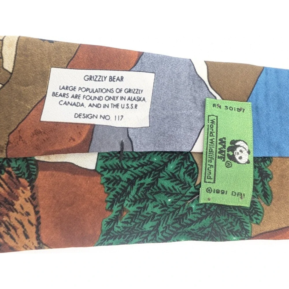 WWF World Wildlife Fund Grizzly Bear Vintage 90s  Necktie Silk Made in USA